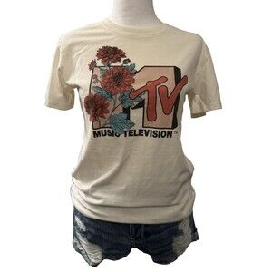 MTV Floral Graphic Tee Short Sleeve T-Shirt XS Clean 80s 90s NEW without Tag
